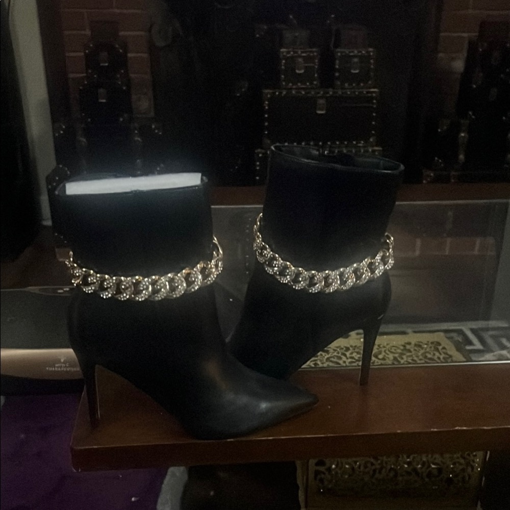 Black Ankle Boots with Gold Chain Detail